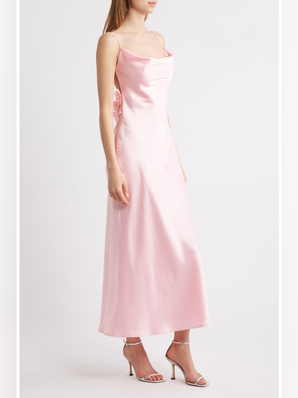 LULUS Pandora Flower Satin Cocktail Dress Cowl Neck in Light Pink Sz: L